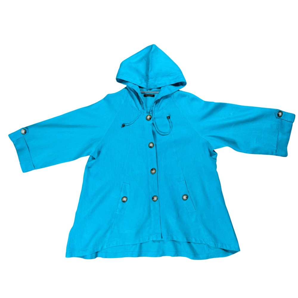 L Turquoise Blue 100% Linen Hooded Button Front Jacket Shacket Resortwear Y2K
